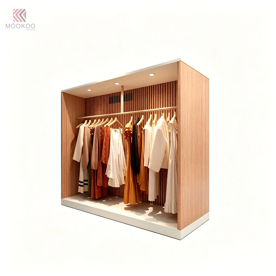 Modern Customized Wood Open Wardrobe LED Lighting Horizontal Slat Back Panel Design Single Hanging Rail Closet Organizer suppliers
