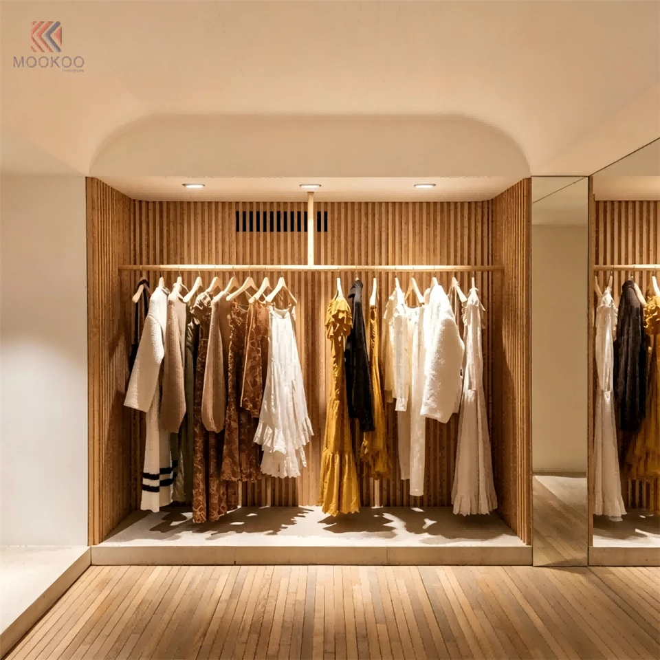 Modern Customized Wood Open Wardrobe LED Lighting Horizontal Slat Back Panel Design Single Hanging Rail Closet Organizer factory