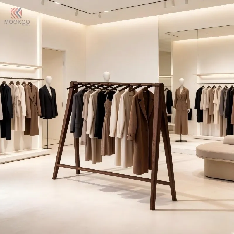 Modern Metal Clothing Display Rack A-Frame Garment Rack Bottom Shelf Freestanding Clothes Hanger Stand Varnish Finish Boutique suppliers