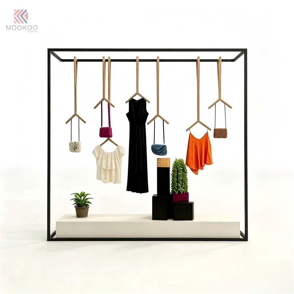 Modern Minimalist Square Metal Clothing Display Rack Freestanding 8mm Thick For Retail Garment Stand Boutique Window