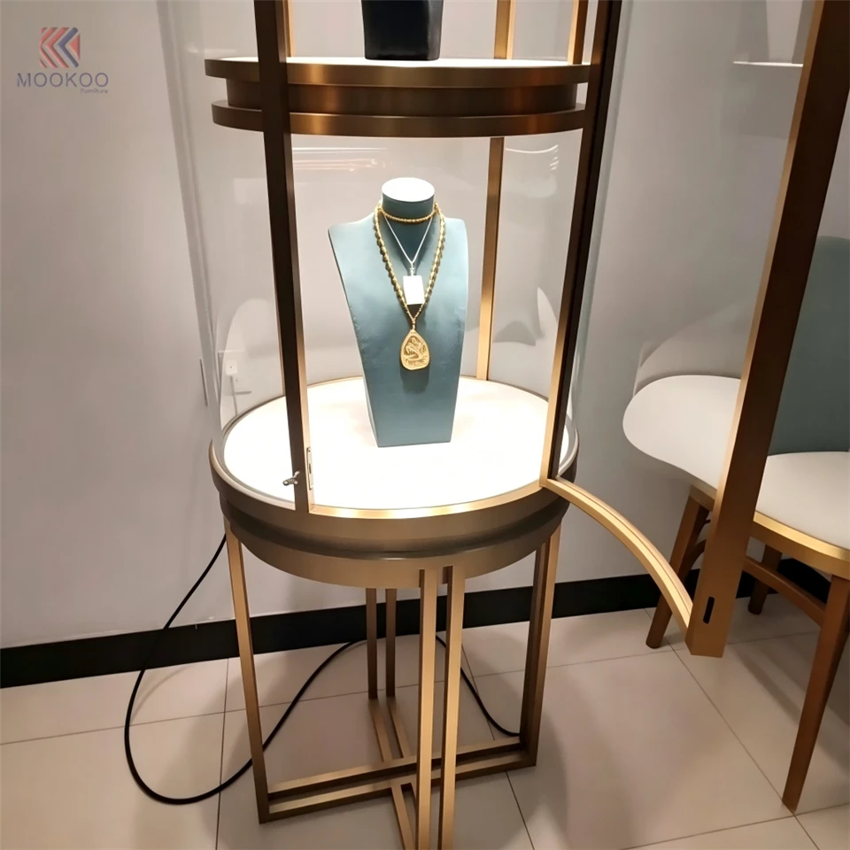 MOOKOO Custom Modern Luxury Rotating Glass Jewelry Display Cabinet LED Light Metal Frame Freestanding Retail Shop Fixture price