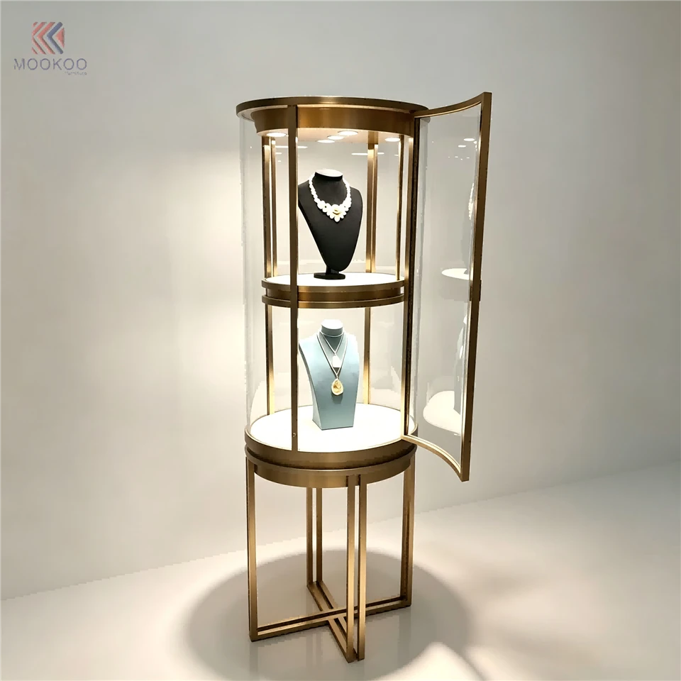 MOOKOO Custom Modern Luxury Rotating Glass Jewelry Display Cabinet LED Light Metal Frame Freestanding Retail Shop Fixture