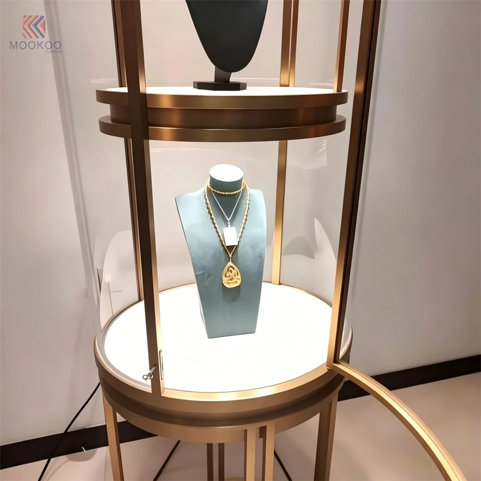 MOOKOO Custom Modern Luxury Rotating Glass Jewelry Display Cabinet LED Light Metal Frame Freestanding Retail Shop Fixture factory