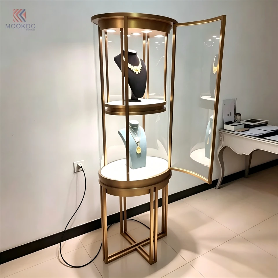 MOOKOO Custom Modern Luxury Rotating Glass Jewelry Display Cabinet LED Light Metal Frame Freestanding Retail Shop Fixture suppliers
