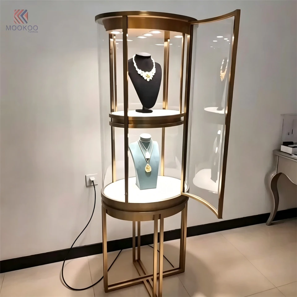 MOOKOO Custom Modern Luxury Rotating Glass Jewelry Display Cabinet LED Light Metal Frame Freestanding Retail Shop Fixture factory