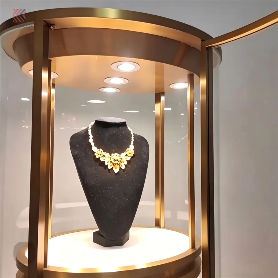 MOOKOO Custom Modern Luxury Rotating Glass Jewelry Display Cabinet LED Light Metal Frame Freestanding Retail Shop Fixture high quality
