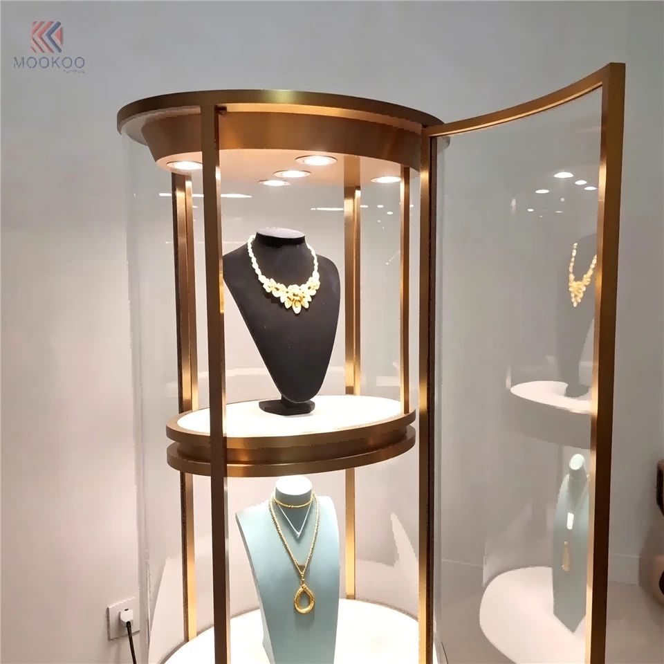 MOOKOO Custom Modern Luxury Rotating Glass Jewelry Display Cabinet LED Light Metal Frame Freestanding Retail Shop Fixture best