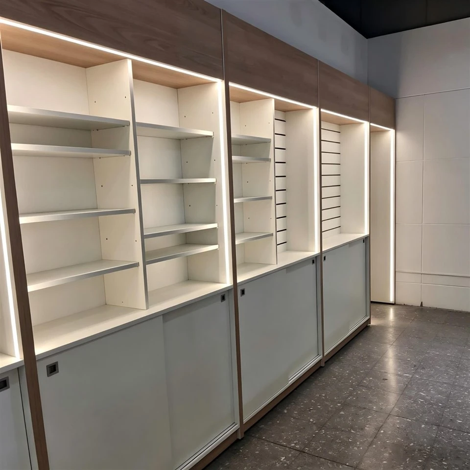 MOOKOO Custom Pharmacy Display Cabinet Wooden Retail Drug Store Wall Shelves With LED Light And Storage Cabinet price