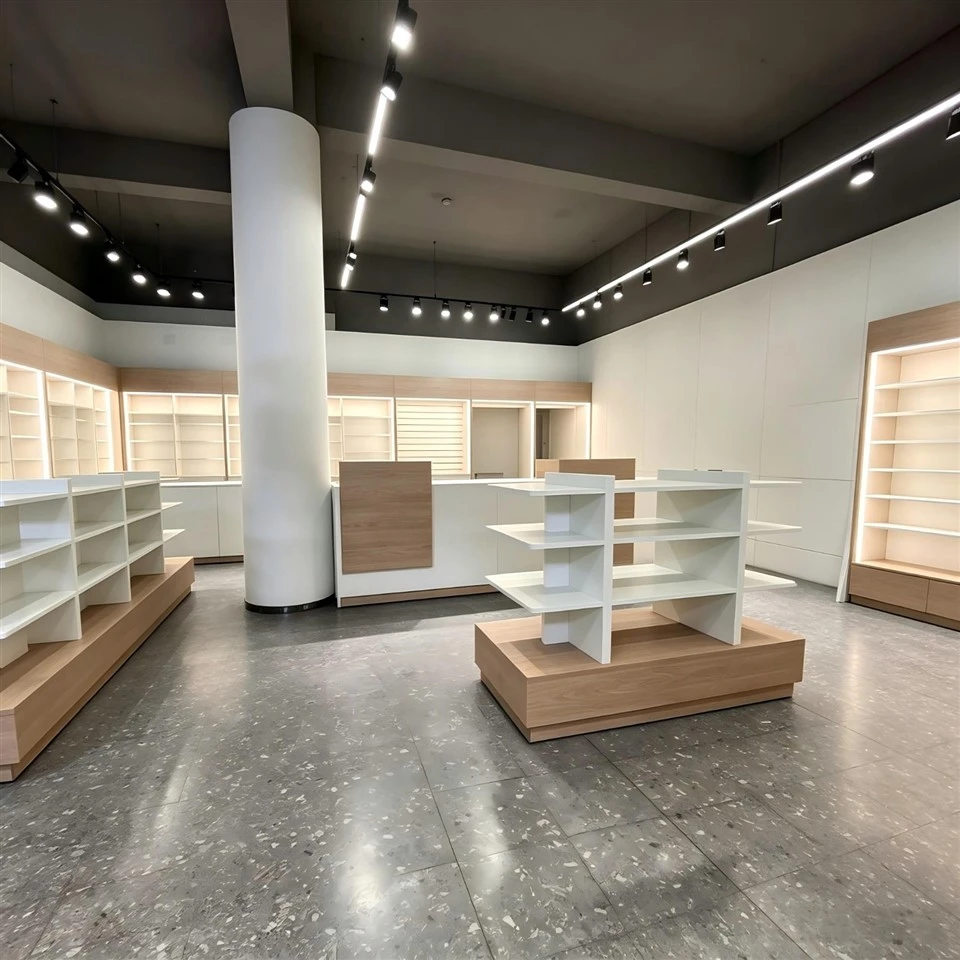 MOOKOO Custom Pharmacy Display Cabinet Wooden Retail Drug Store Wall Shelves With LED Light And Storage Cabinet suppliers