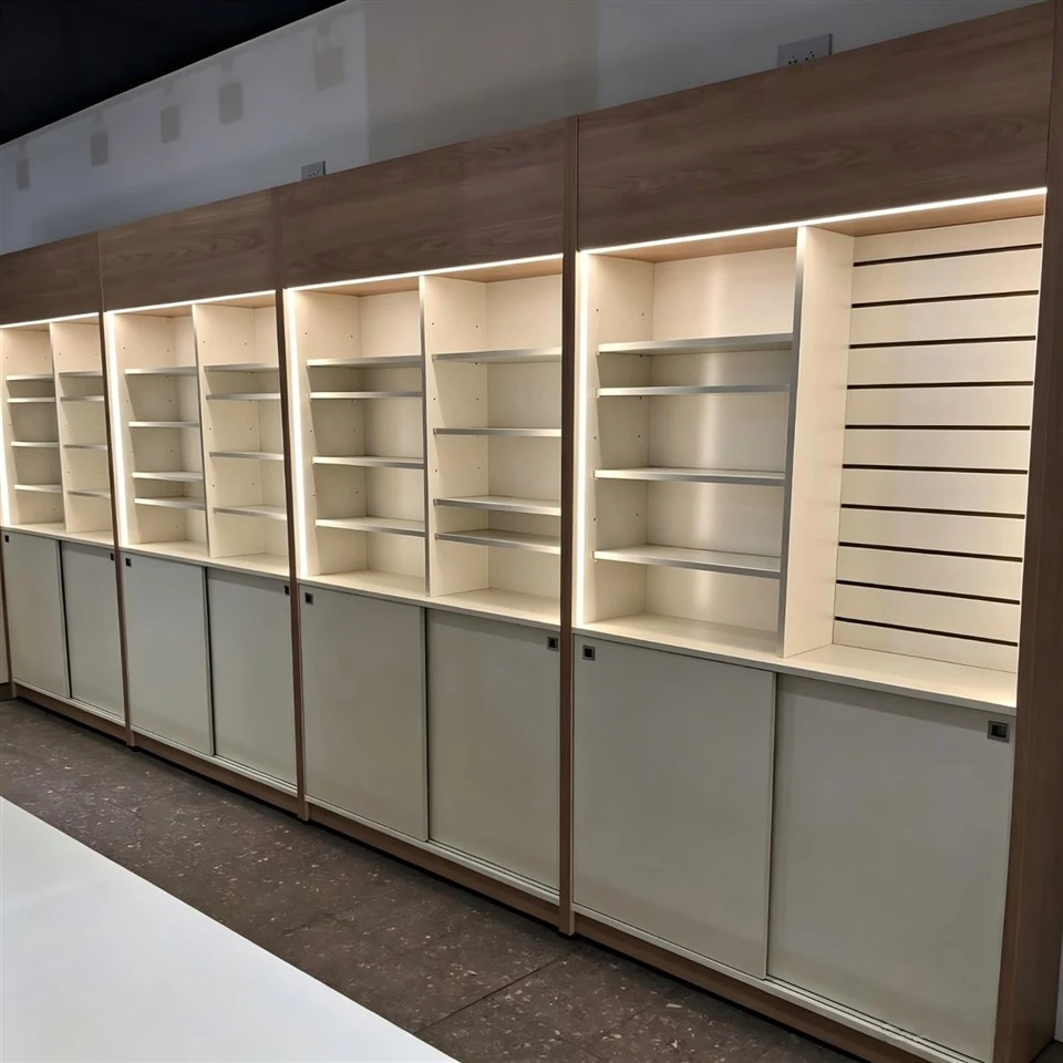 MOOKOO Custom Pharmacy Display Cabinet Wooden Retail Drug Store Wall Shelves With LED Light And Storage Cabinet high quality