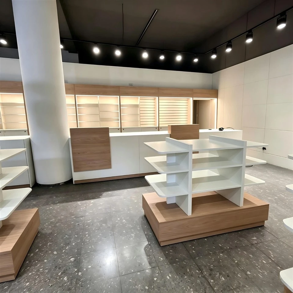 MOOKOO Custom Pharmacy Display Cabinet Wooden Retail Drug Store Wall Shelves With LED Light And Storage Cabinet factory