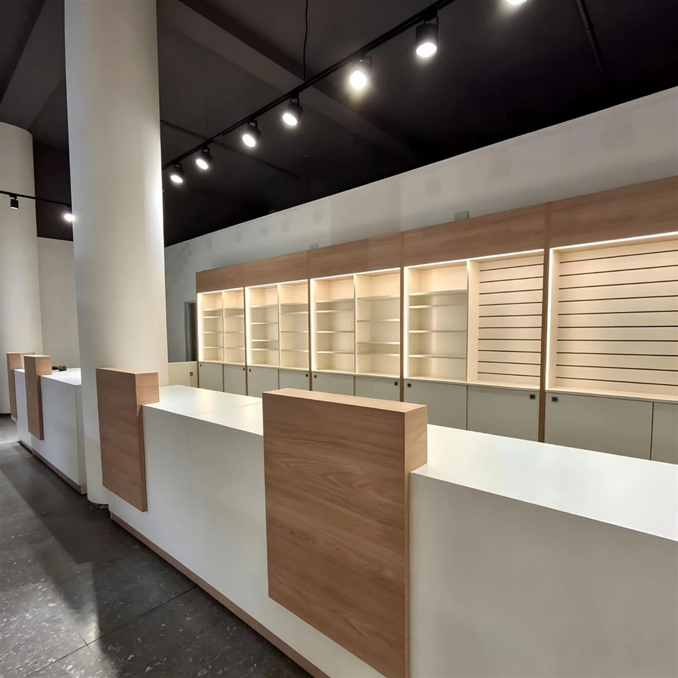 MOOKOO Custom Pharmacy Display Cabinet Wooden Retail Drug Store Wall Shelves With LED Light And Storage Cabinet best