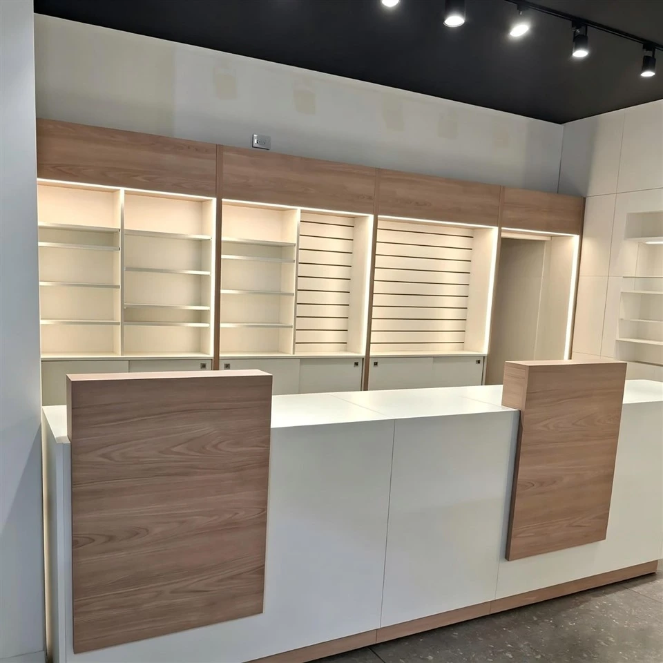 MOOKOO Custom Pharmacy Display Cabinet Wooden Retail Drug Store Wall Shelves With LED Light And Storage Cabinet suppliers