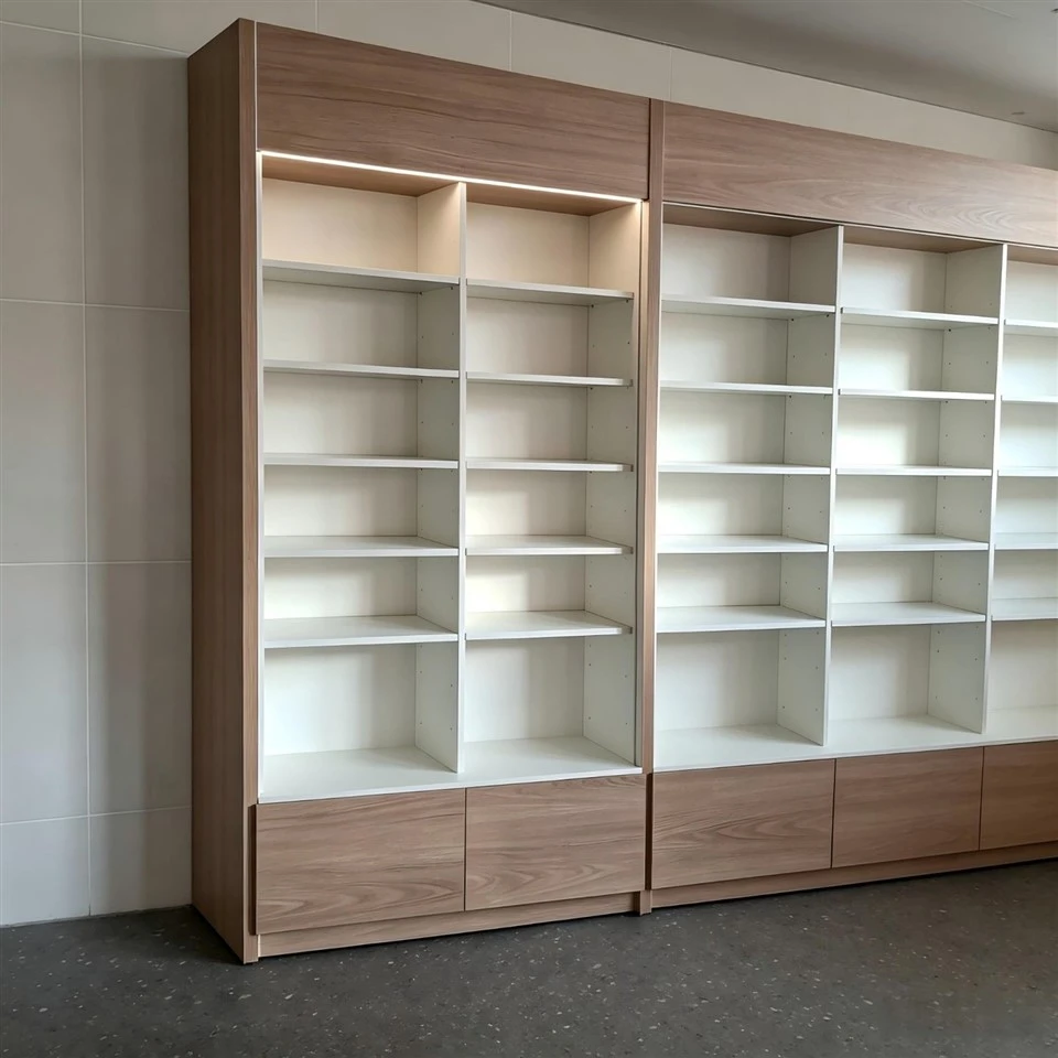 MOOKOO Custom Pharmacy Display Cabinet Wooden Retail Drug Store Wall Shelves With LED Light And Storage Cabinet suppliers