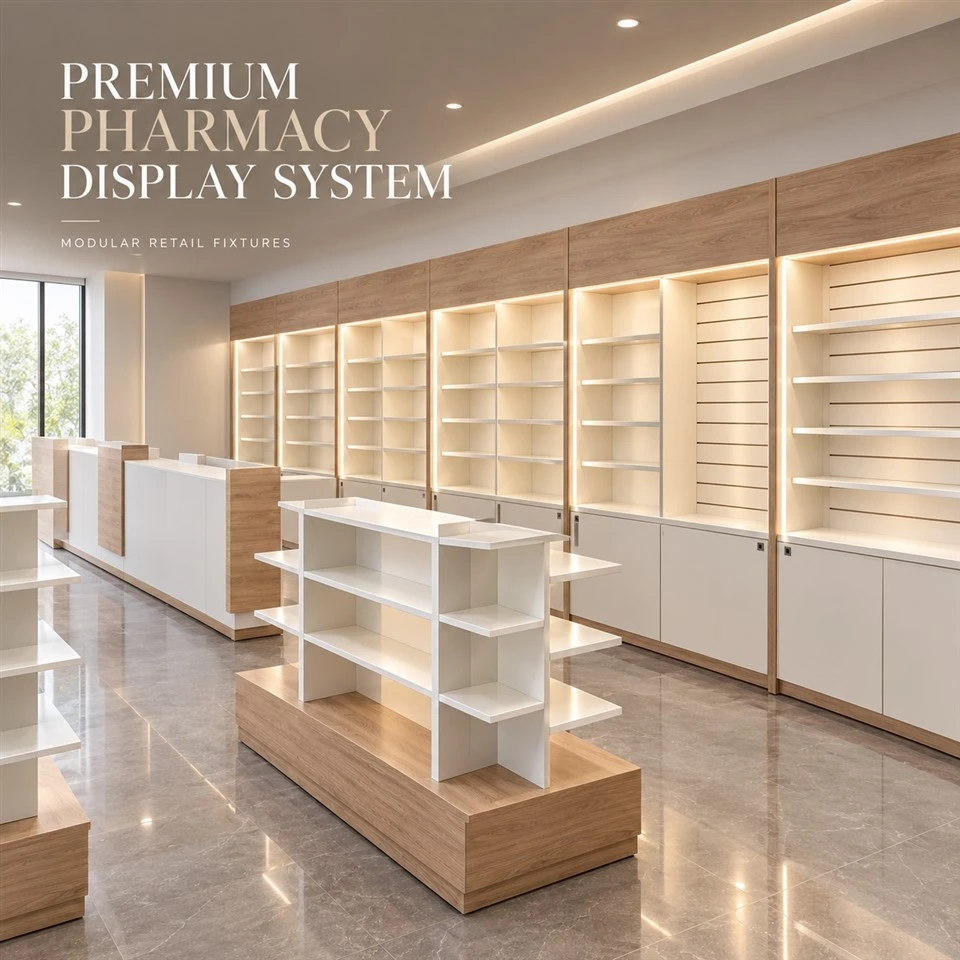 MOOKOO Custom Pharmacy Display Cabinet Wooden Retail Drug Store Wall Shelves With LED Light And Storage Cabinet