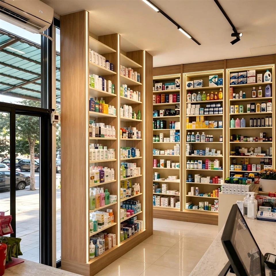 MOOKOO Custom Pharmacy Wooden Wall Display Cabinet With LED Light Commercial Drugstore Retail Furniture Shelving Fixtures best