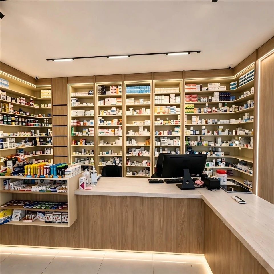 MOOKOO Custom Pharmacy Wooden Wall Display Cabinet With LED Light Commercial Drugstore Retail Furniture Shelving Fixtures price