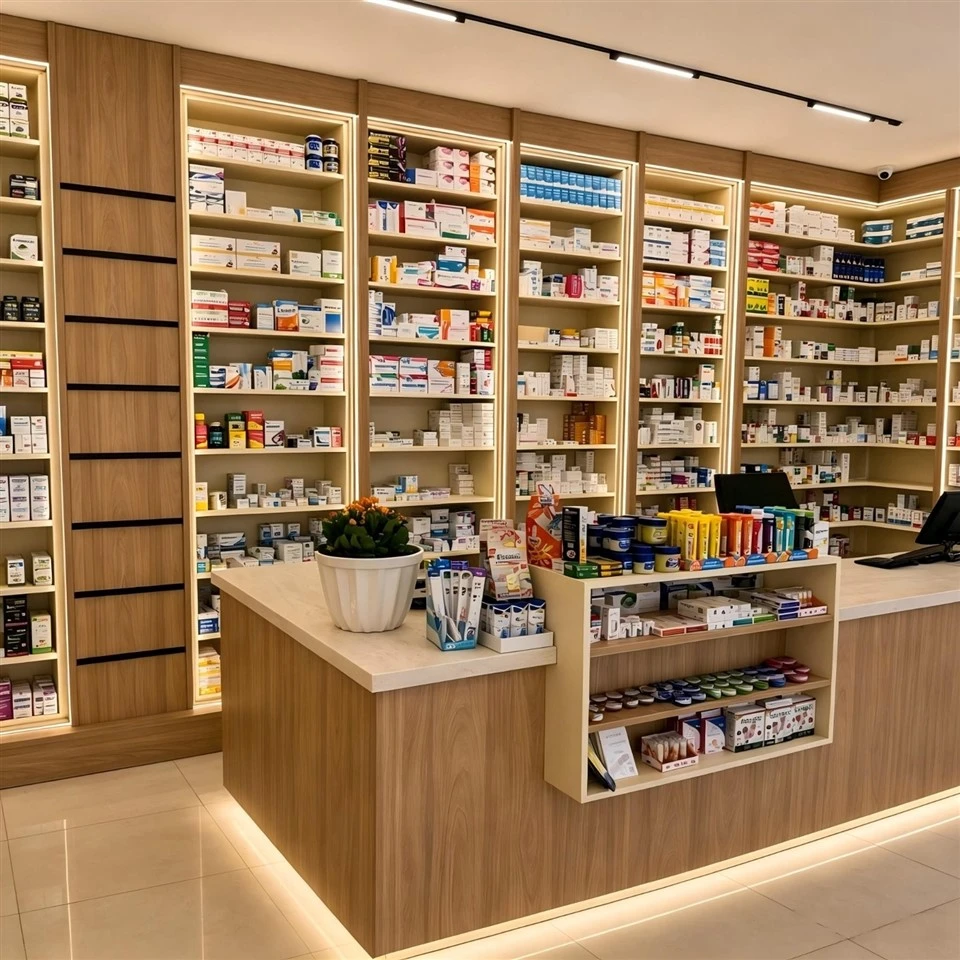 MOOKOO Custom Pharmacy Wooden Wall Display Cabinet With LED Light Commercial Drugstore Retail Furniture Shelving Fixtures suppliers