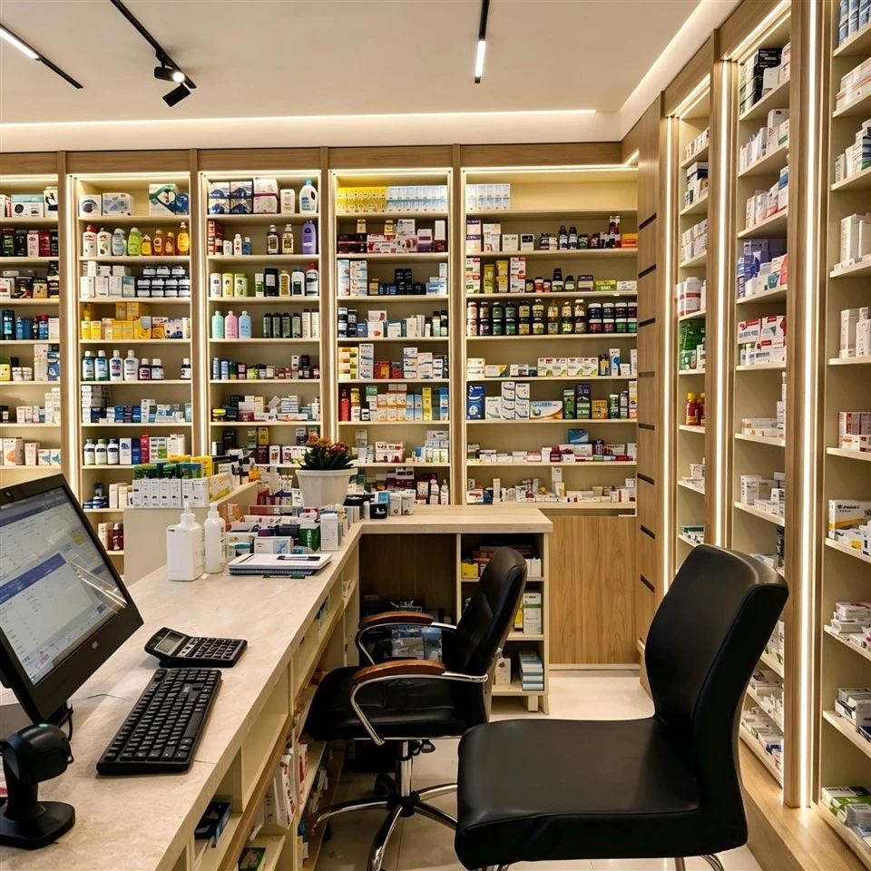 MOOKOO Custom Pharmacy Wooden Wall Display Cabinet With LED Light Commercial Drugstore Retail Furniture Shelving Fixtures high quality
