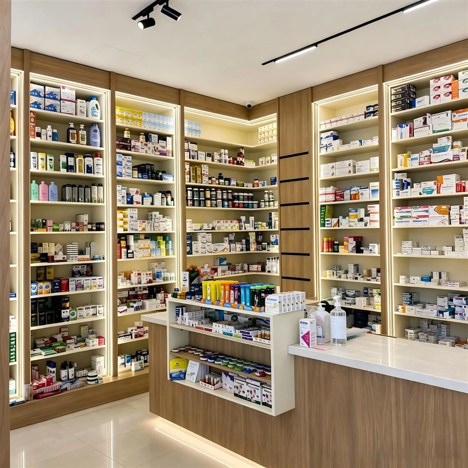 MOOKOO Custom Pharmacy Wooden Wall Display Cabinet With LED Light Commercial Drugstore Retail Furniture Shelving Fixtures factory