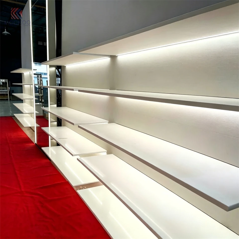 MOOKOO Customizable Freestanding LED Lighted Corner Display Shelf Asymmetric Step Shelves Metal Back Panel 8mm Thick Modern factory