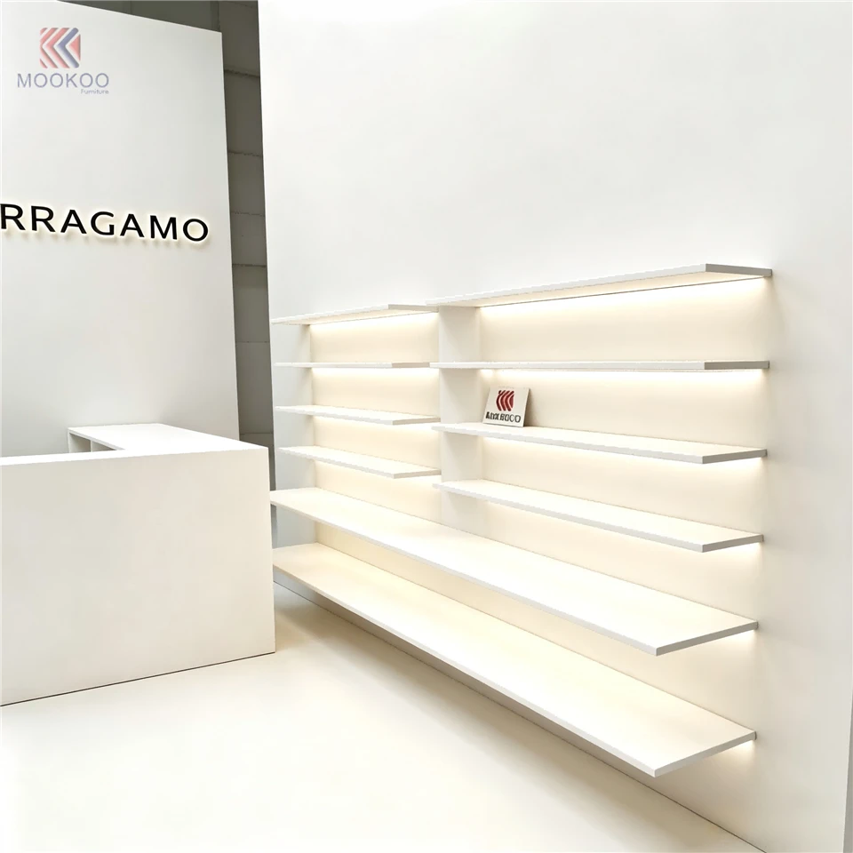 MOOKOO Customizable Freestanding LED Lighted Corner Display Shelf Asymmetric Step Shelves Metal Back Panel 8mm Thick Modern