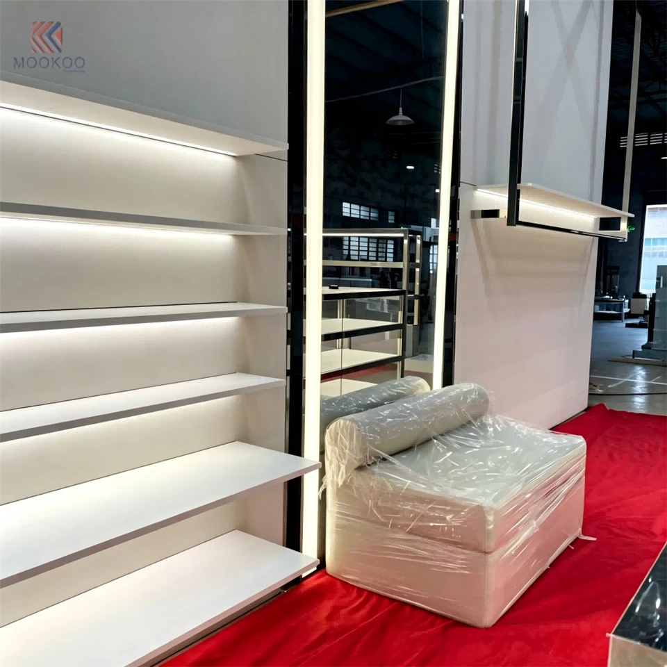 MOOKOO Customizable Freestanding LED Lighted Corner Display Shelf Asymmetric Step Shelves Metal Back Panel 8mm Thick Modern high quality