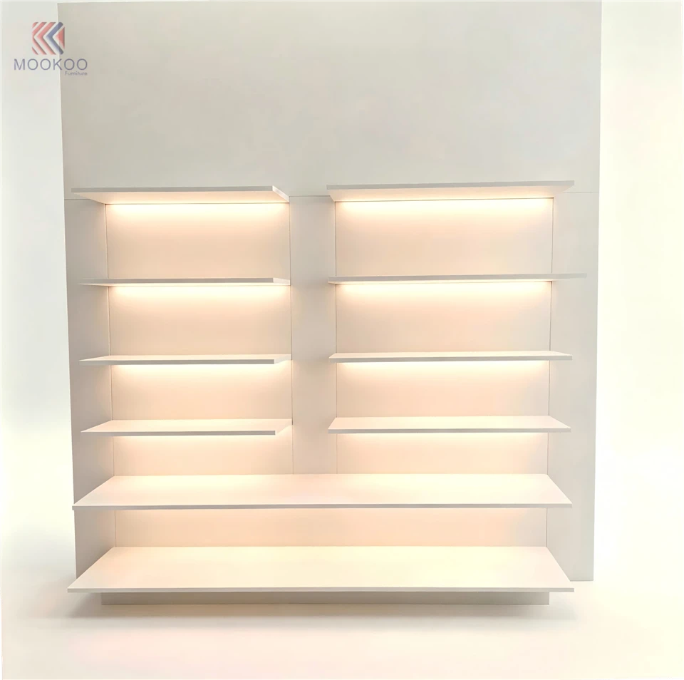 MOOKOO Customizable Freestanding LED Lighted Corner Display Shelf Asymmetric Step Shelves Metal Back Panel 8mm Thick Modern suppliers