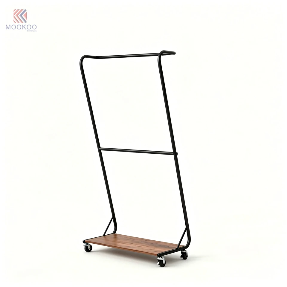 MOOKOO Customized Black Metal Zig-zag Clothing Rack Metal Bottom Shelf Mobile Garment Rack Caster Wheels Modern Entryway Display