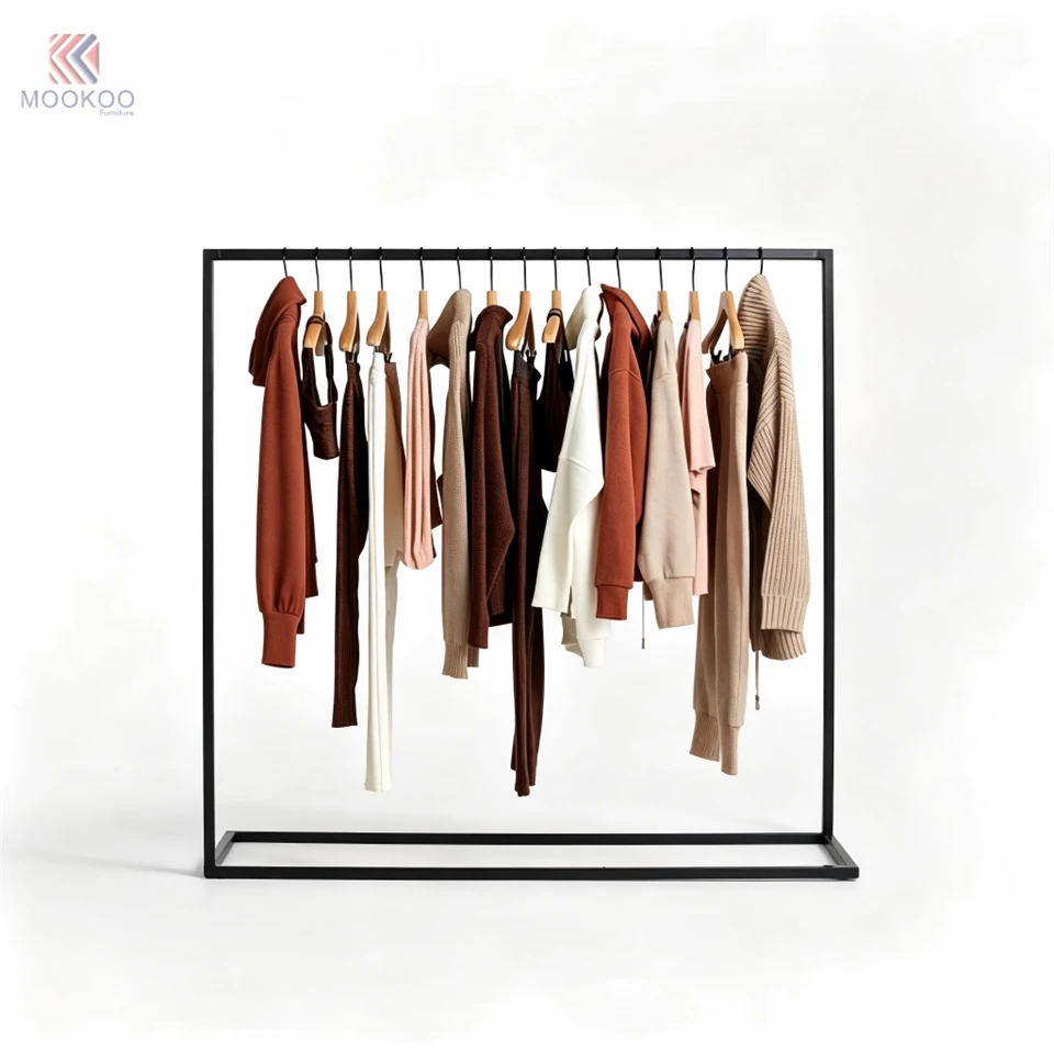 MOOKOO Customized Black Square Tube Clothing Display Rack Minimalist Metal Garment Rack Double-Side Hanging Bars Display