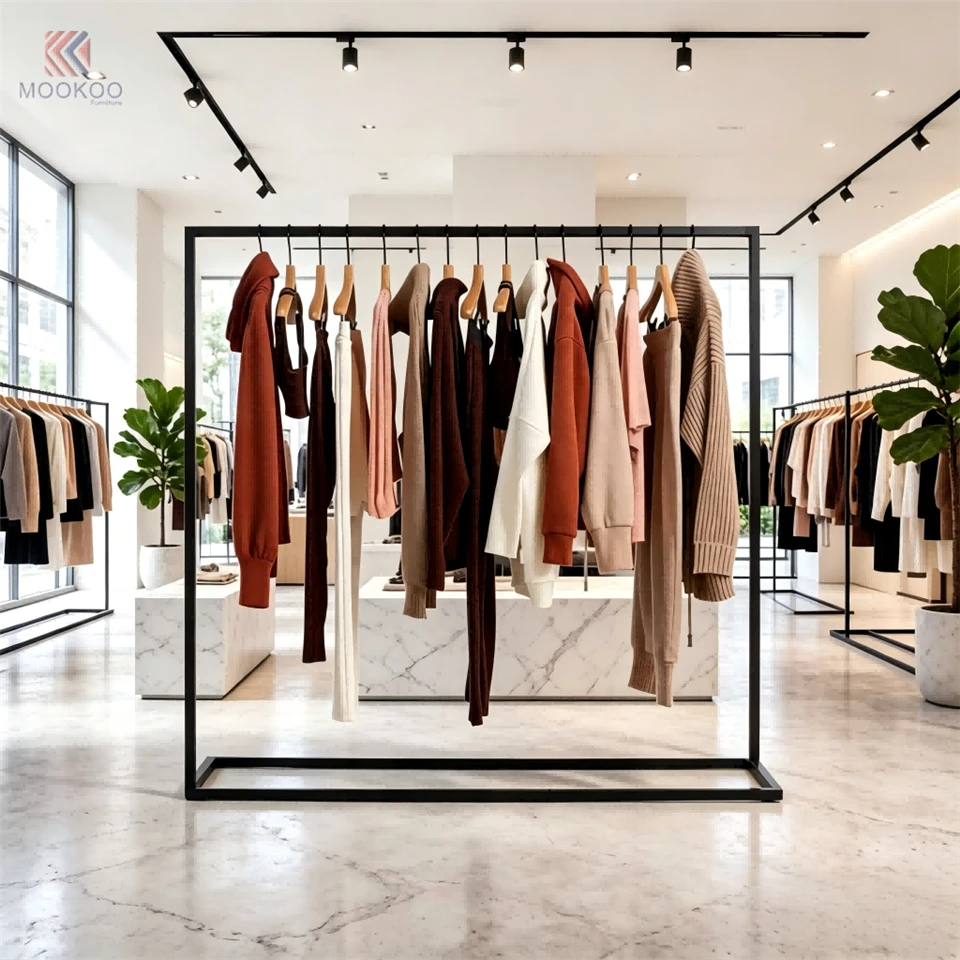 MOOKOO Customized Black Square Tube Clothing Display Rack Minimalist Metal Garment Rack Double-Side Hanging Bars Display factory