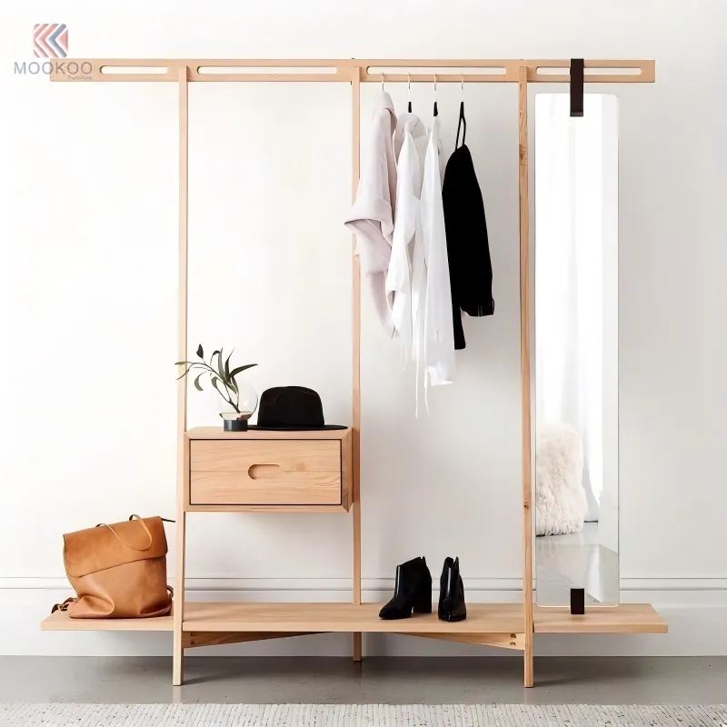 MOOKOO Customized Entryway Hall Coat Rack Full-Length Mirror Storage Bench Drawer Open Shelves Free-Standing