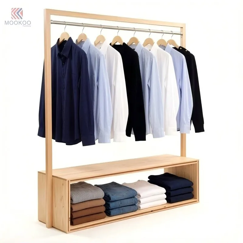 MOOKOO Customized Free-Standing Heavy Duty Garment Rack Metal Shelves Hanging Rail Modern Boutique Merchandising Fixture 80kg factory