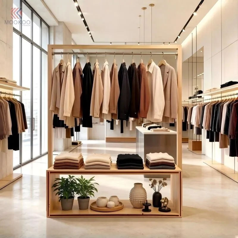 MOOKOO Customized Free-Standing Heavy Duty Garment Rack Metal Shelves Hanging Rail Modern Boutique Merchandising Fixture 80kg