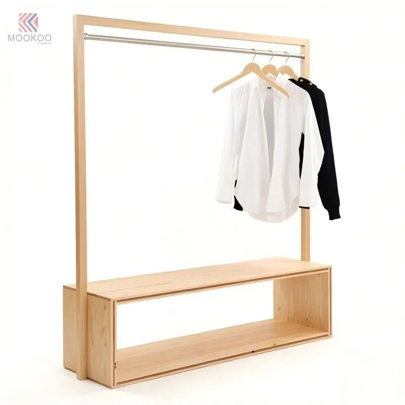 MOOKOO Customized Free-Standing Heavy Duty Garment Rack Metal Shelves Hanging Rail Modern Boutique Merchandising Fixture 80kg high quality