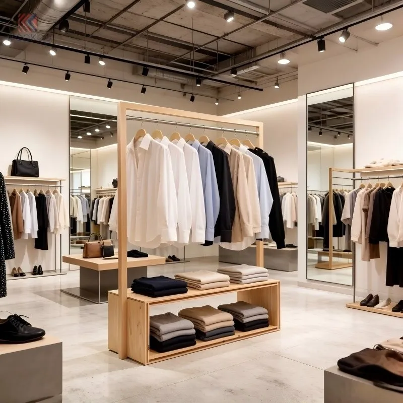 MOOKOO Customized Free-Standing Heavy Duty Garment Rack Metal Shelves Hanging Rail Modern Boutique Merchandising Fixture 80kg suppliers