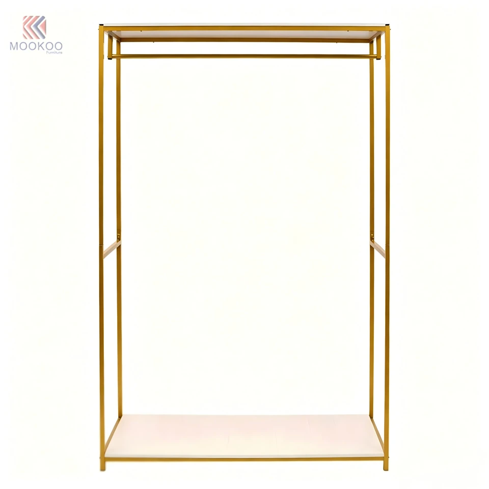 Mookoo Customized Gold Metal 8mm Thick Tempered Glass Bottom Shelf Luxury Freestanding Garment Hanger Side Hooks Modern Display factory
