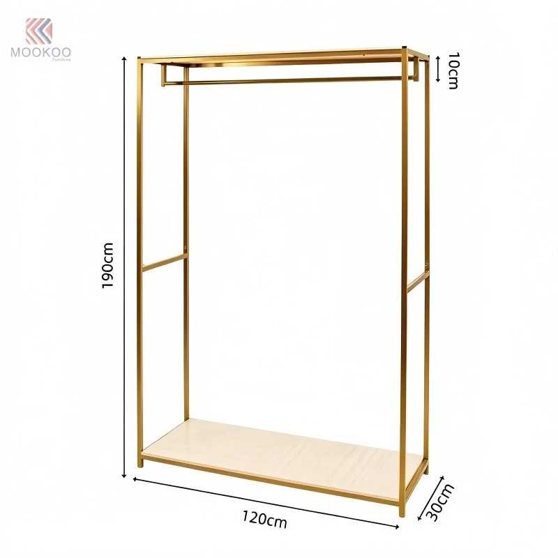 Mookoo Customized Gold Metal 8mm Thick Tempered Glass Bottom Shelf Luxury Freestanding Garment Hanger Side Hooks Modern Display price