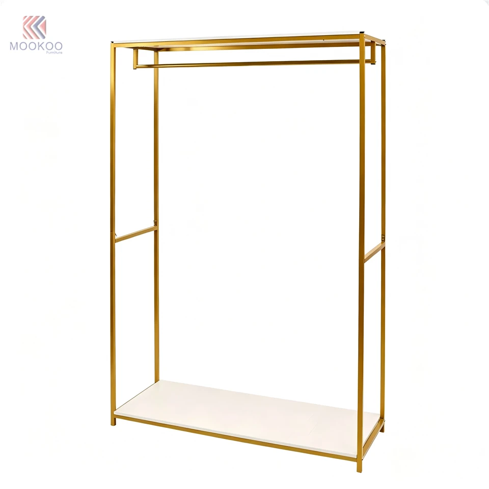 Mookoo Customized Gold Metal 8mm Thick Tempered Glass Bottom Shelf Luxury Freestanding Garment Hanger Side Hooks Modern Display best