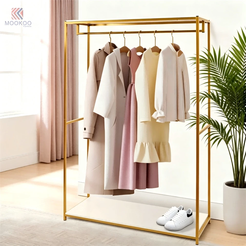 Mookoo Customized Gold Metal 8mm Thick Tempered Glass Bottom Shelf Luxury Freestanding Garment Hanger Side Hooks Modern Display suppliers
