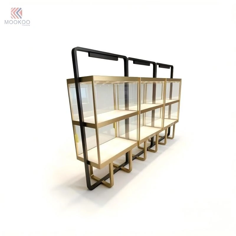 MOOKOO Customized Luxury Stainless Steel Jewelry Display Cabinet | Black Gold Metal Glass For LED Light Retail Display factory