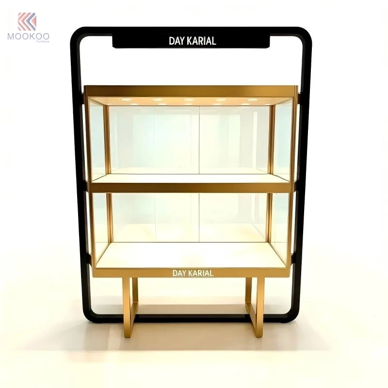 MOOKOO Customized Luxury Stainless Steel Jewelry Display Cabinet | Black Gold Metal Glass For LED Light Retail Display