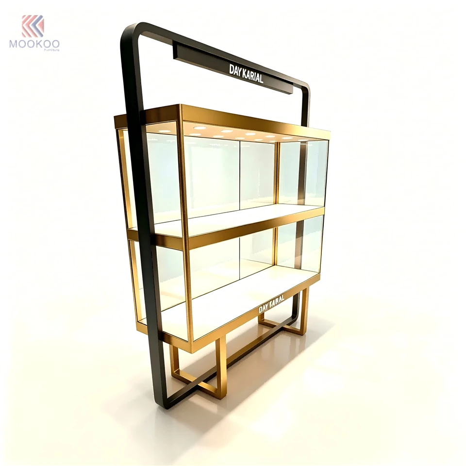 MOOKOO Customized Luxury Stainless Steel Jewelry Display Cabinet | Black Gold Metal Glass For LED Light Retail Display suppliers