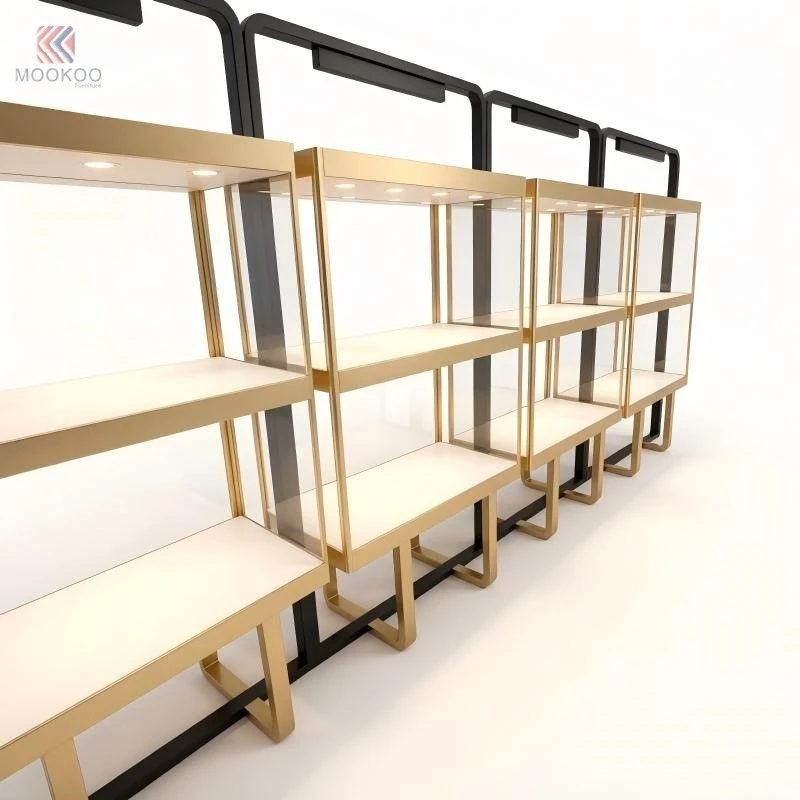 MOOKOO Customized Luxury Stainless Steel Jewelry Display Cabinet | Black Gold Metal Glass For LED Light Retail Display price