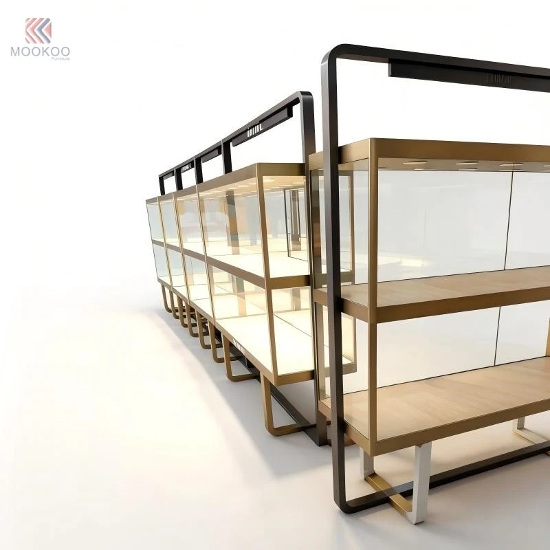 MOOKOO Customized Luxury Stainless Steel Jewelry Display Cabinet | Black Gold Metal Glass For LED Light Retail Display high quality