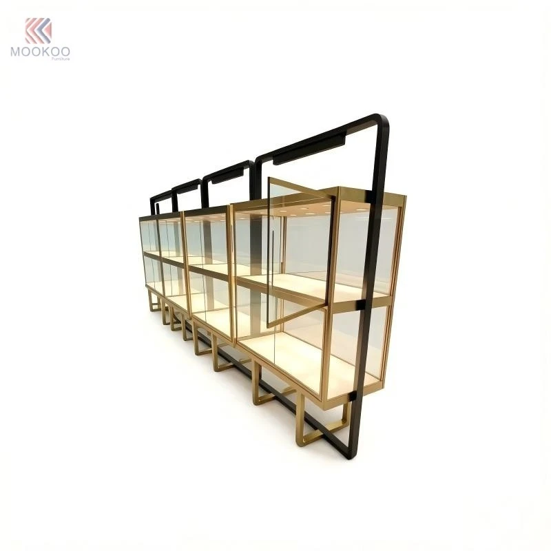 MOOKOO Customized Luxury Stainless Steel Jewelry Display Cabinet | Black Gold Metal Glass For LED Light Retail Display best