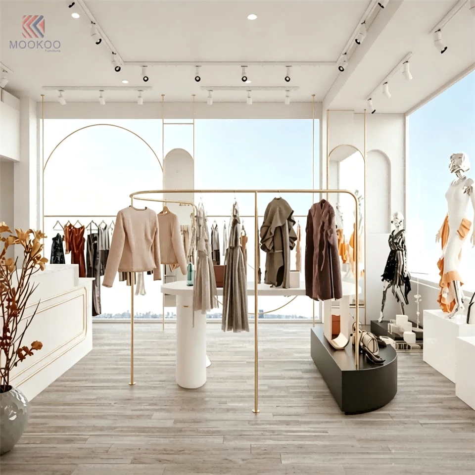 MOOKOO Customized Modern Minimalist Gold Varnish Metal Clothing Display Rack Floor Standing Garment Merchandising Shelf Boutique factory