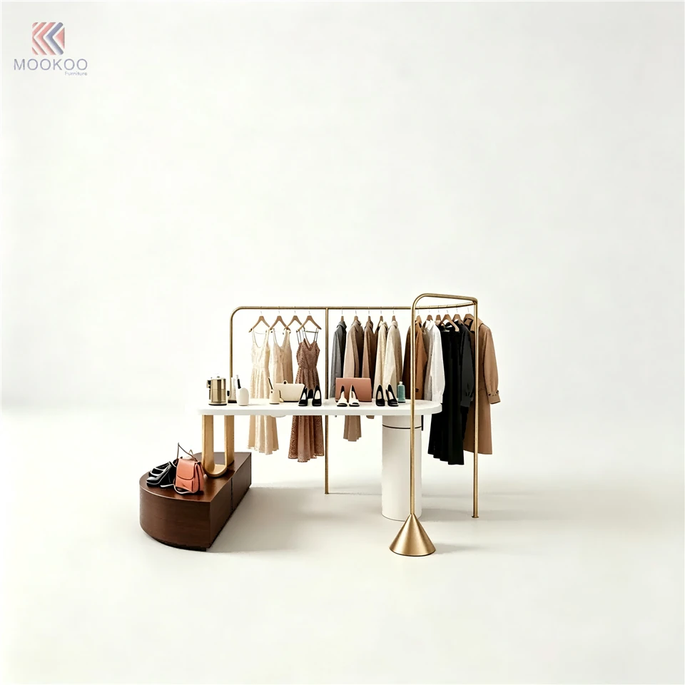 MOOKOO Customized Modern Minimalist Gold Varnish Metal Clothing Display Rack Floor Standing Garment Merchandising Shelf Boutique