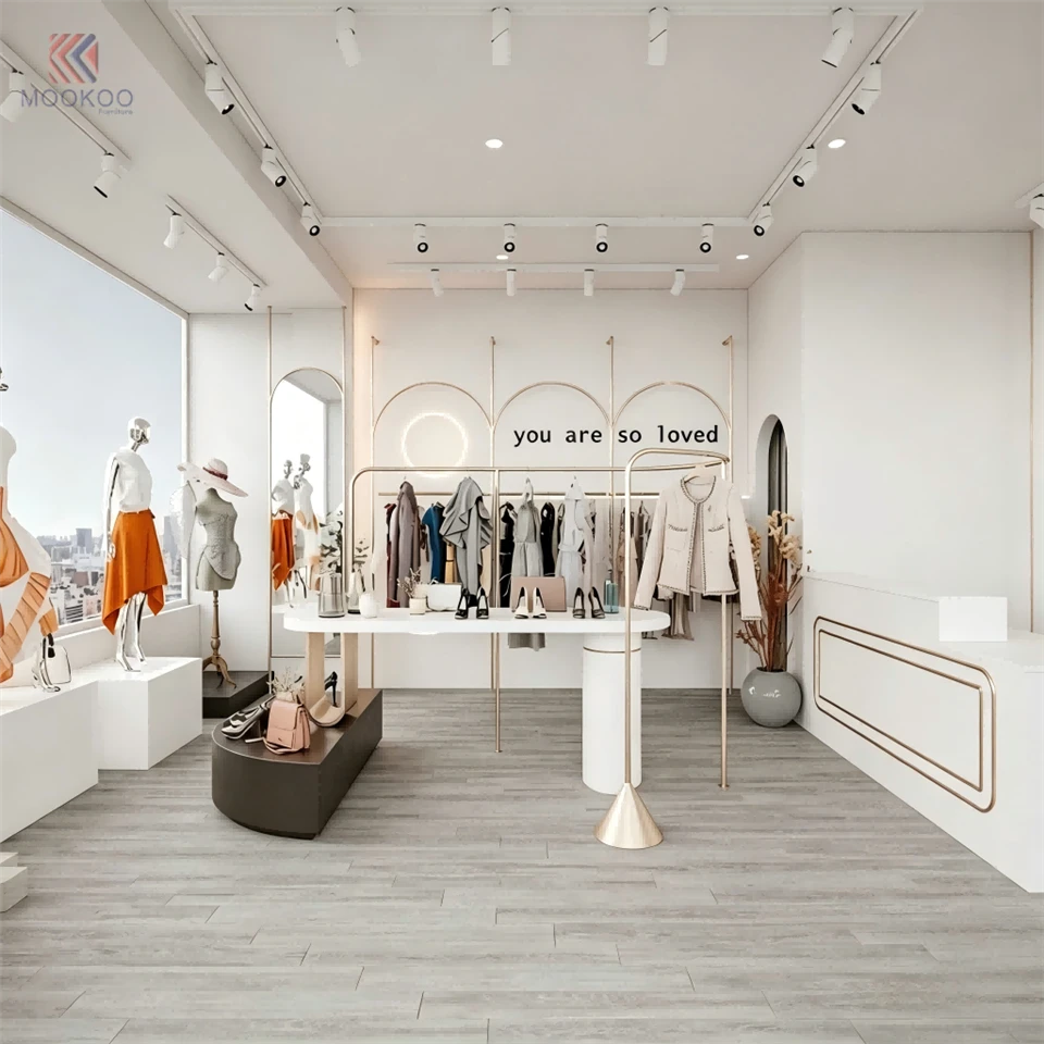 MOOKOO Customized Modern Minimalist Gold Varnish Metal Clothing Display Rack Floor Standing Garment Merchandising Shelf Boutique best