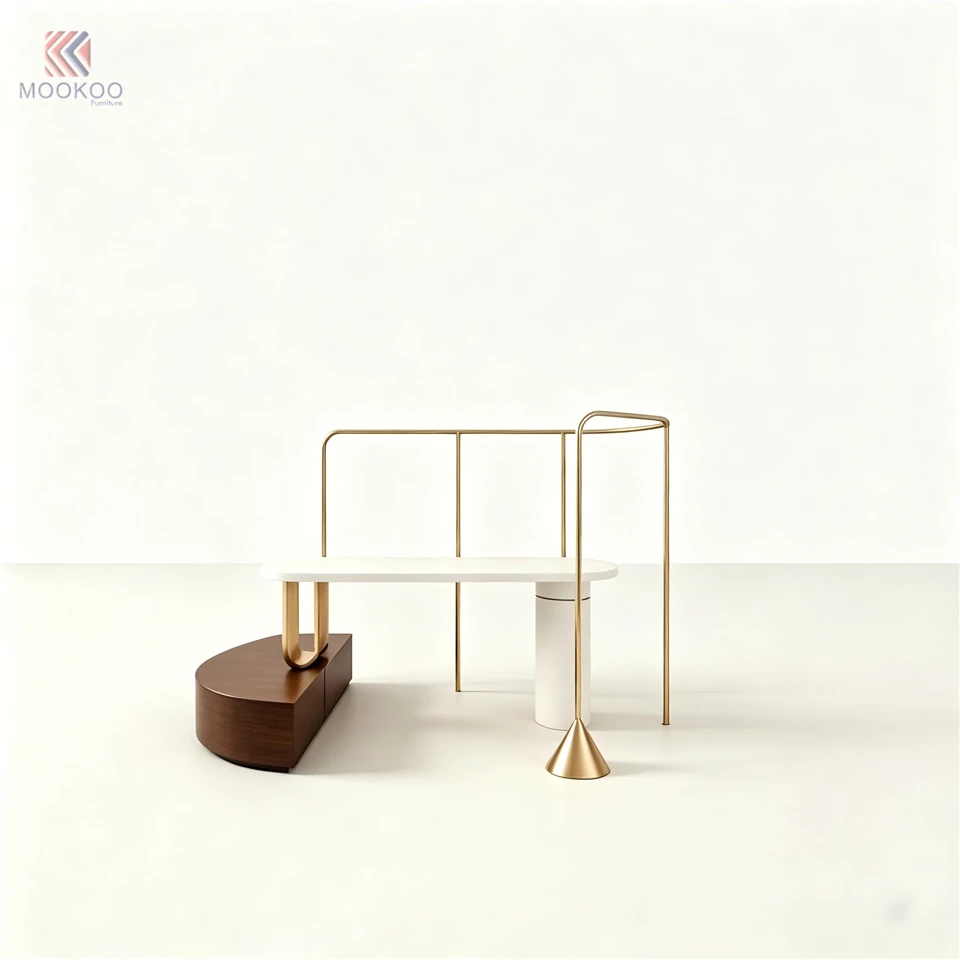 MOOKOO Customized Modern Minimalist Gold Varnish Metal Clothing Display Rack Floor Standing Garment Merchandising Shelf Boutique suppliers